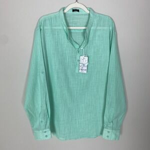 Coofandy Henley Shirt Mens 1X Hemp Blend Lightweight Roll Tab Sleeve Green